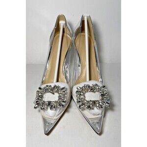 LING MEI 9cm High Heel Pointy Toe Crystal Buckle Clear Silver Women's EU 38/US 8